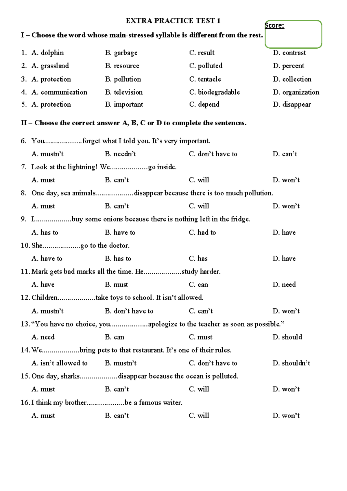 Extra Practice Test 1: Syllable & Sentence Completion Exercises - Studocu