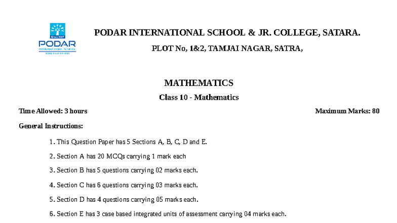 Mathematics Class 10 Exam Paper - PODAR INT. SCHOOL (BCA) - Studocu