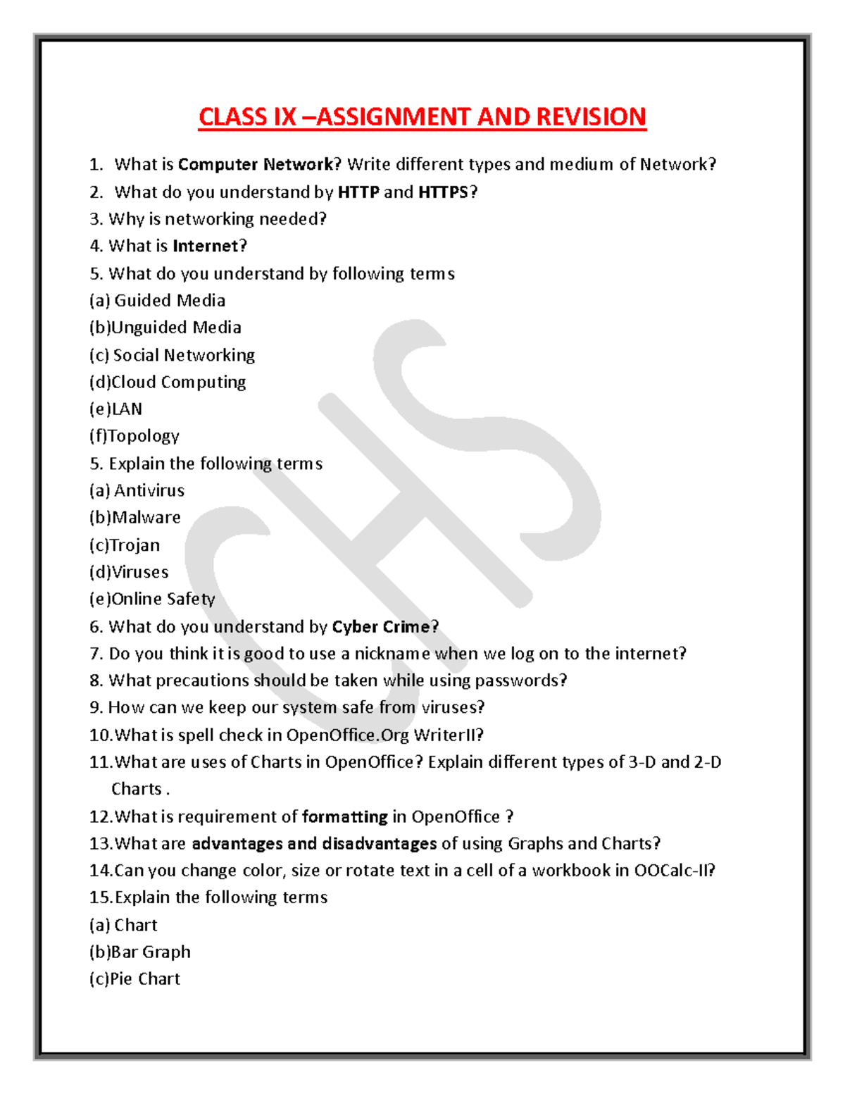 Class IX Assignments: Revision on Computer Networks & OpenOffice - Studocu