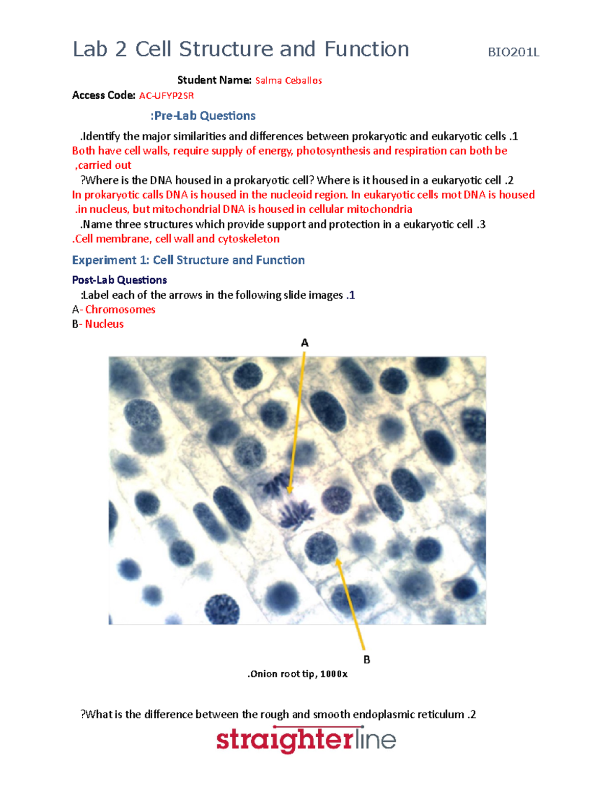 Lab 2: Cell Structure & Function Overview - BIO201L - Studocu