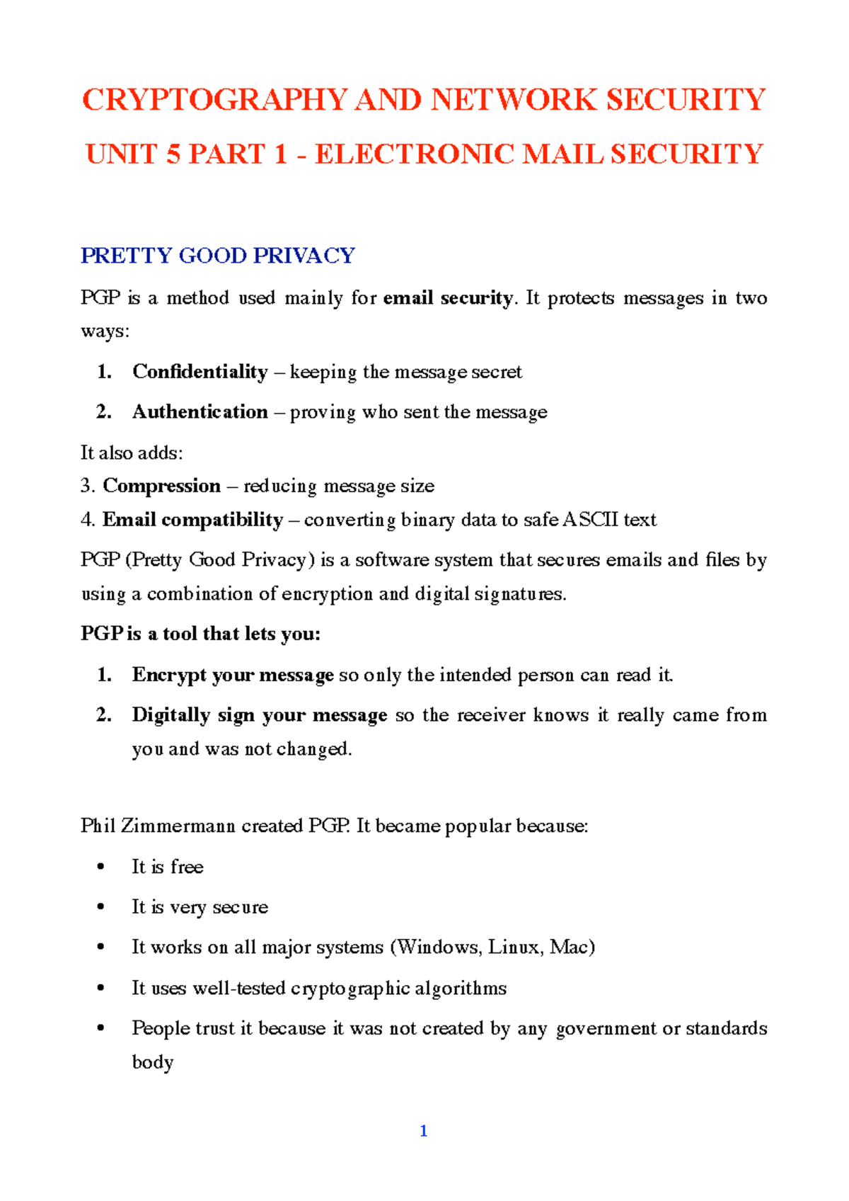 R22 CNS Unit 5 - Email Security & PGP Overview for Exams - Studocu