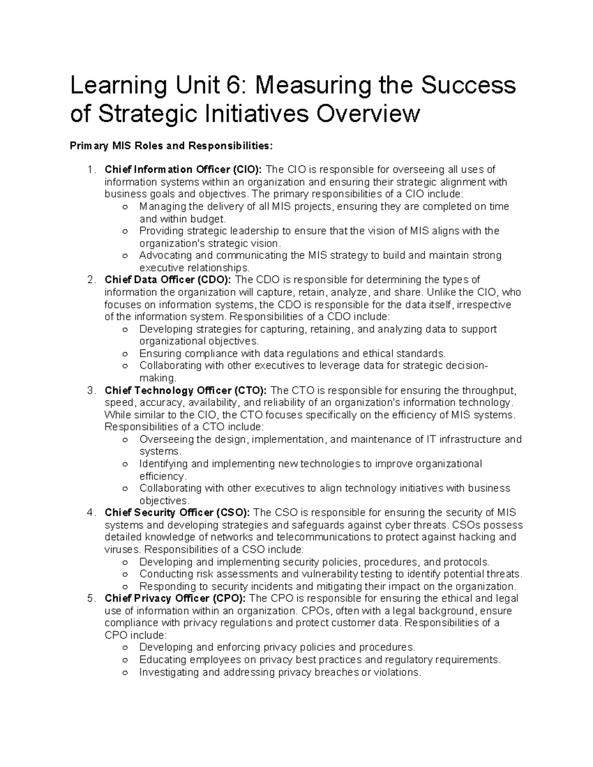 MIS 101: Learning Unit 6 - Evaluating Strategic Initiative Success ...