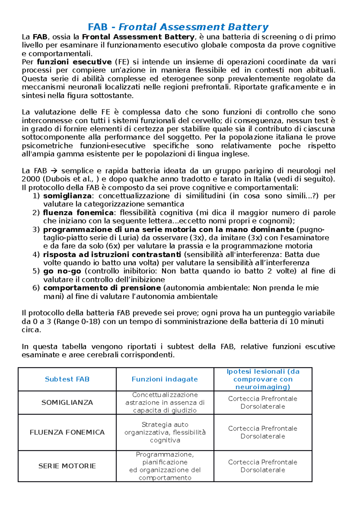 FAB - Valutazione Neuropsicologica di I Livello: Batteria FAB ...