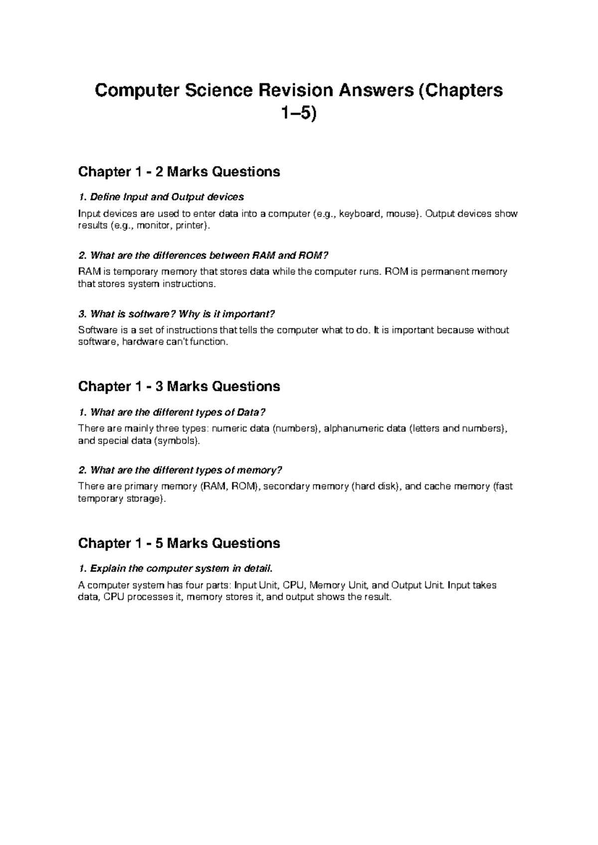 Computer Science Revision Answers (Ch1-5) - Studocu