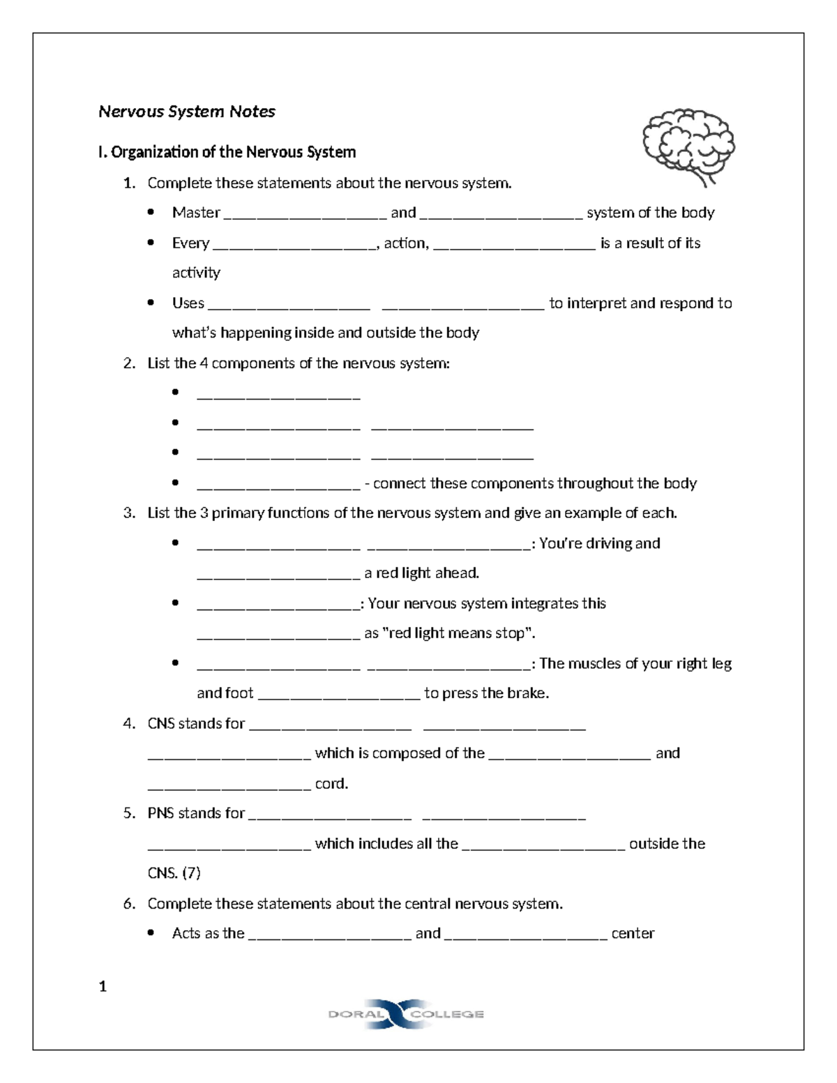 Nervous System Guided Notes for Biology 101: Structure & Functions ...