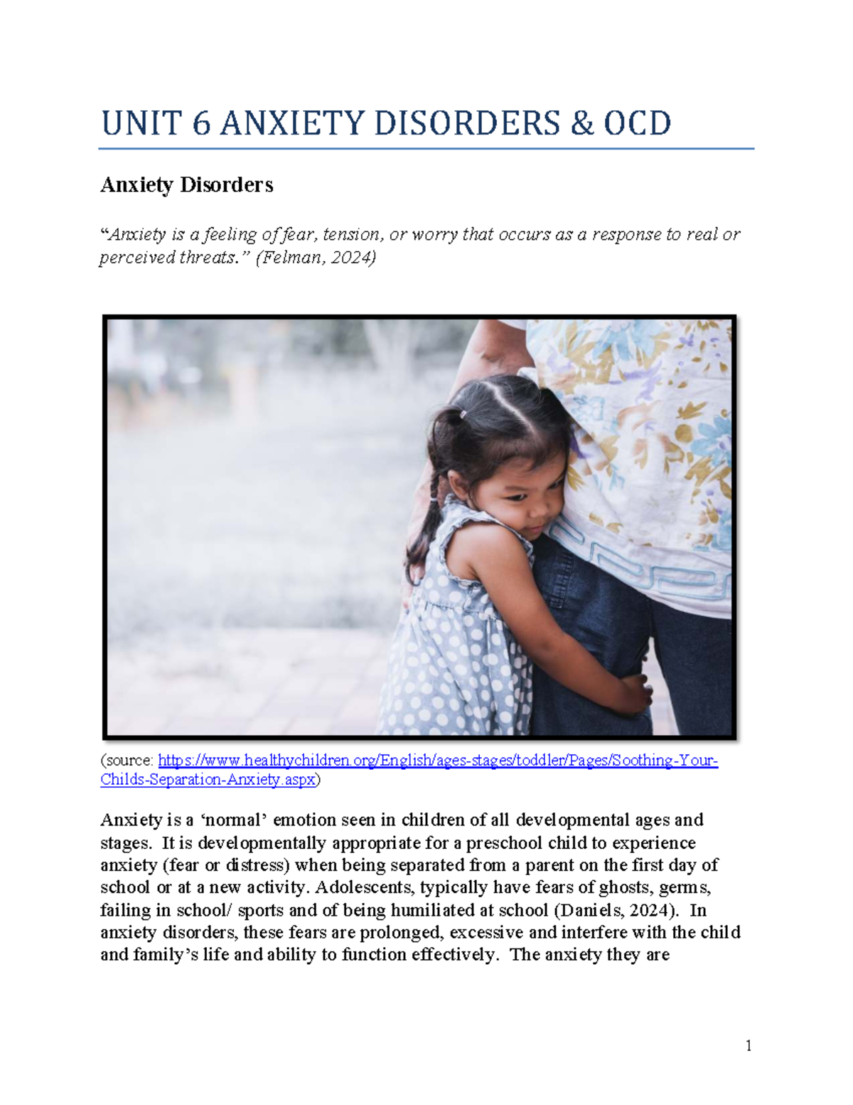 Unit 6: Understanding Anxiety Disorders and OCD in Children - Studocu