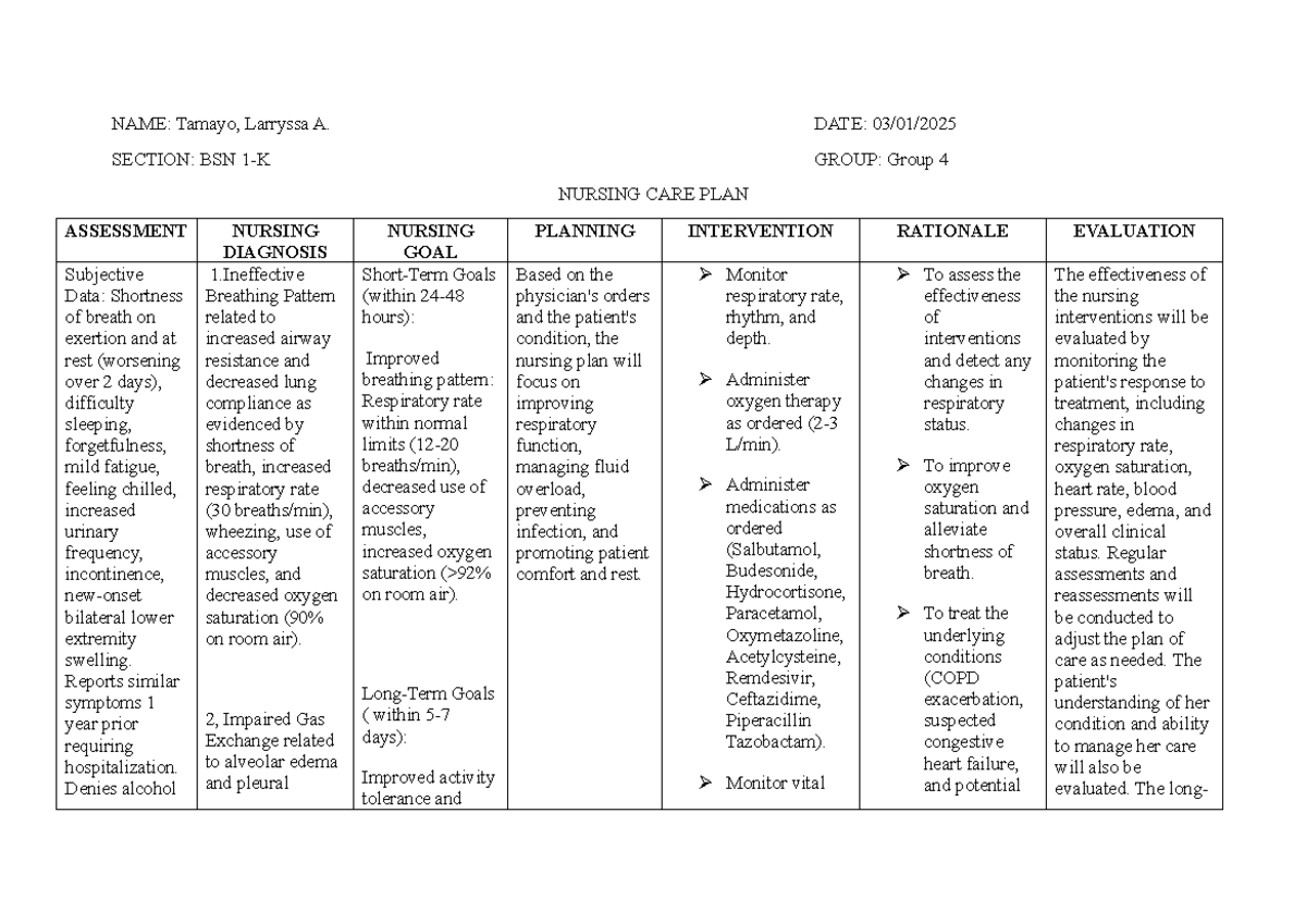 NURS 101: Nursing Care Plan for Respiratory Assessment & Management ...