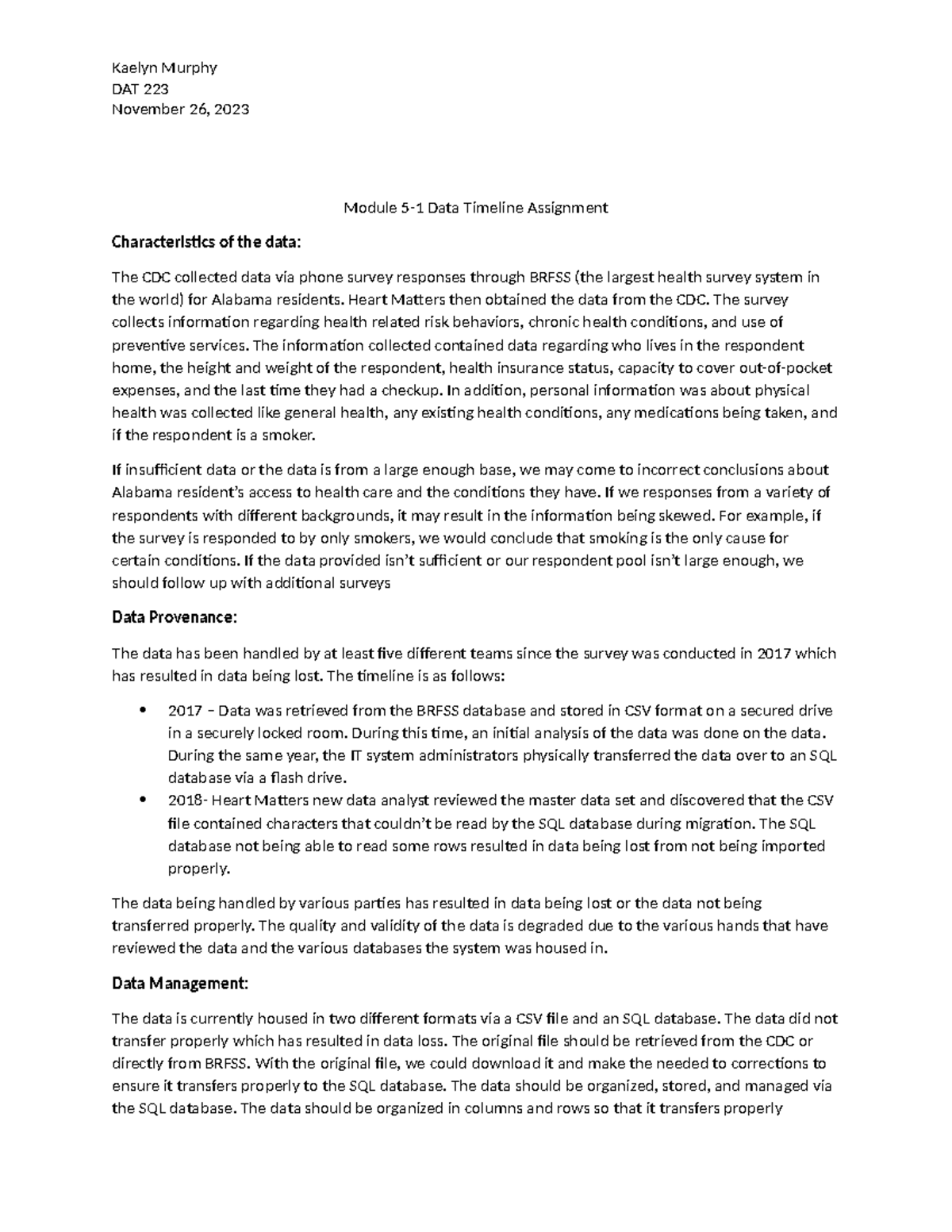 DAT 223 Module 5-1 Assignment: Analyzing Data Timeline Issues - Studocu