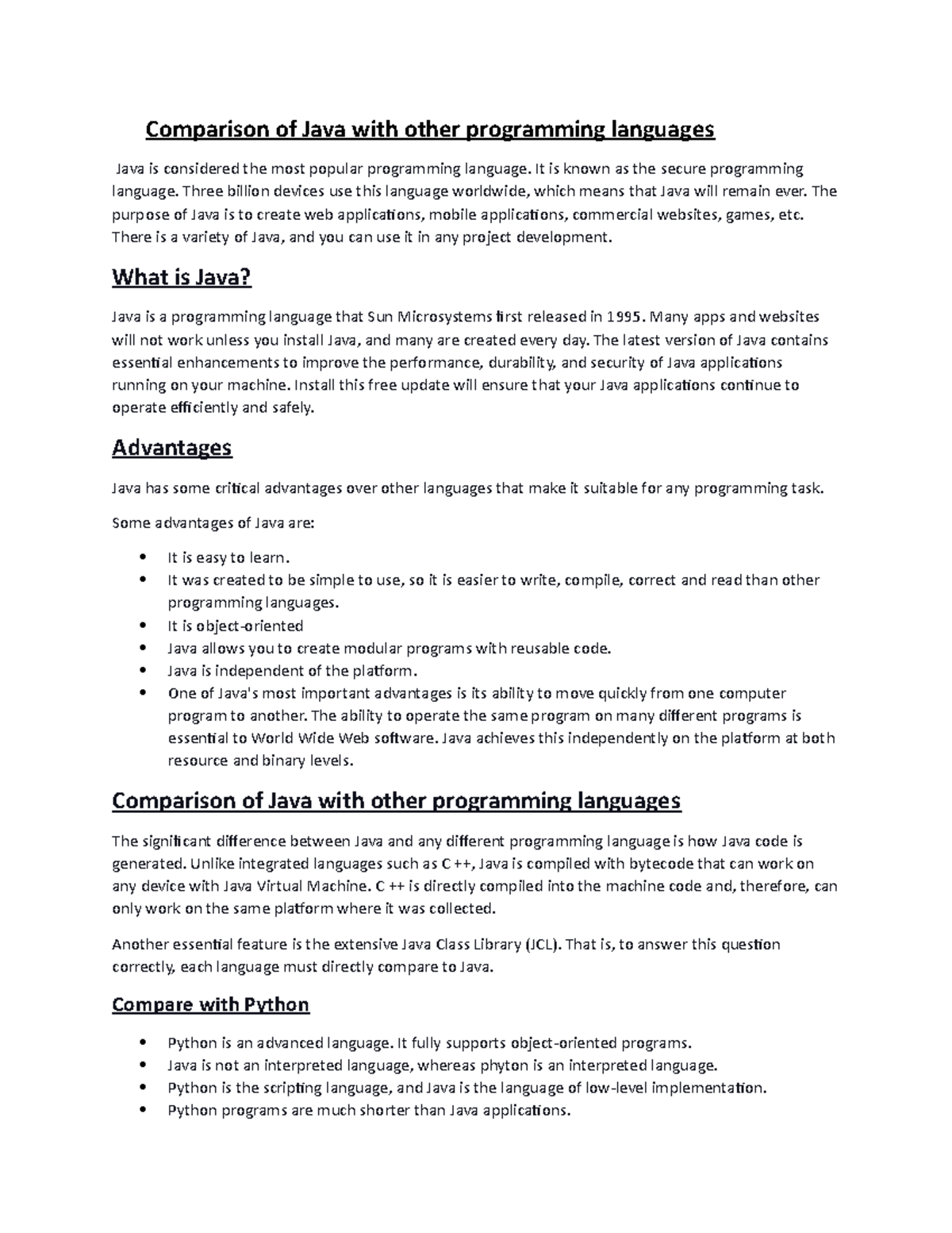 Comparison of JAVA with Other Programming Languages: A Detailed ...