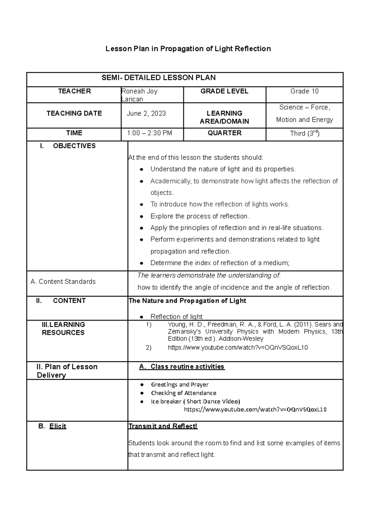 P6 Lesson Plan: Propagation of Light and Reflection Techniques - Studocu