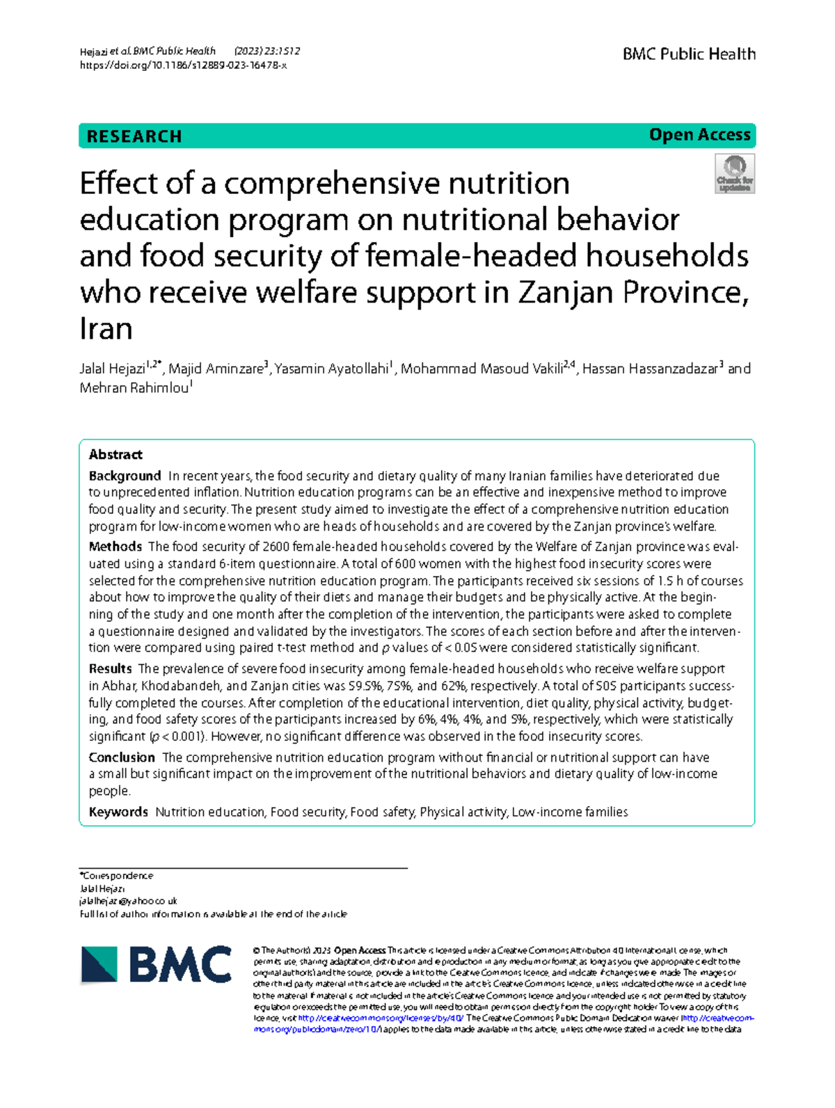 Effect of Nutrition Education on Food Security in Welfare Households ...