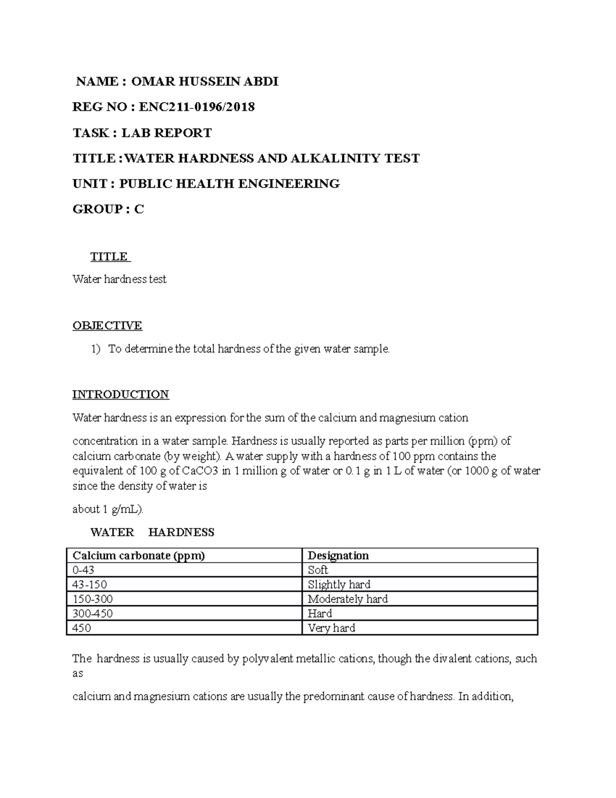 LAB Report on Water Hardness and Alkalinity, ENC211-0196-2018 - Studocu