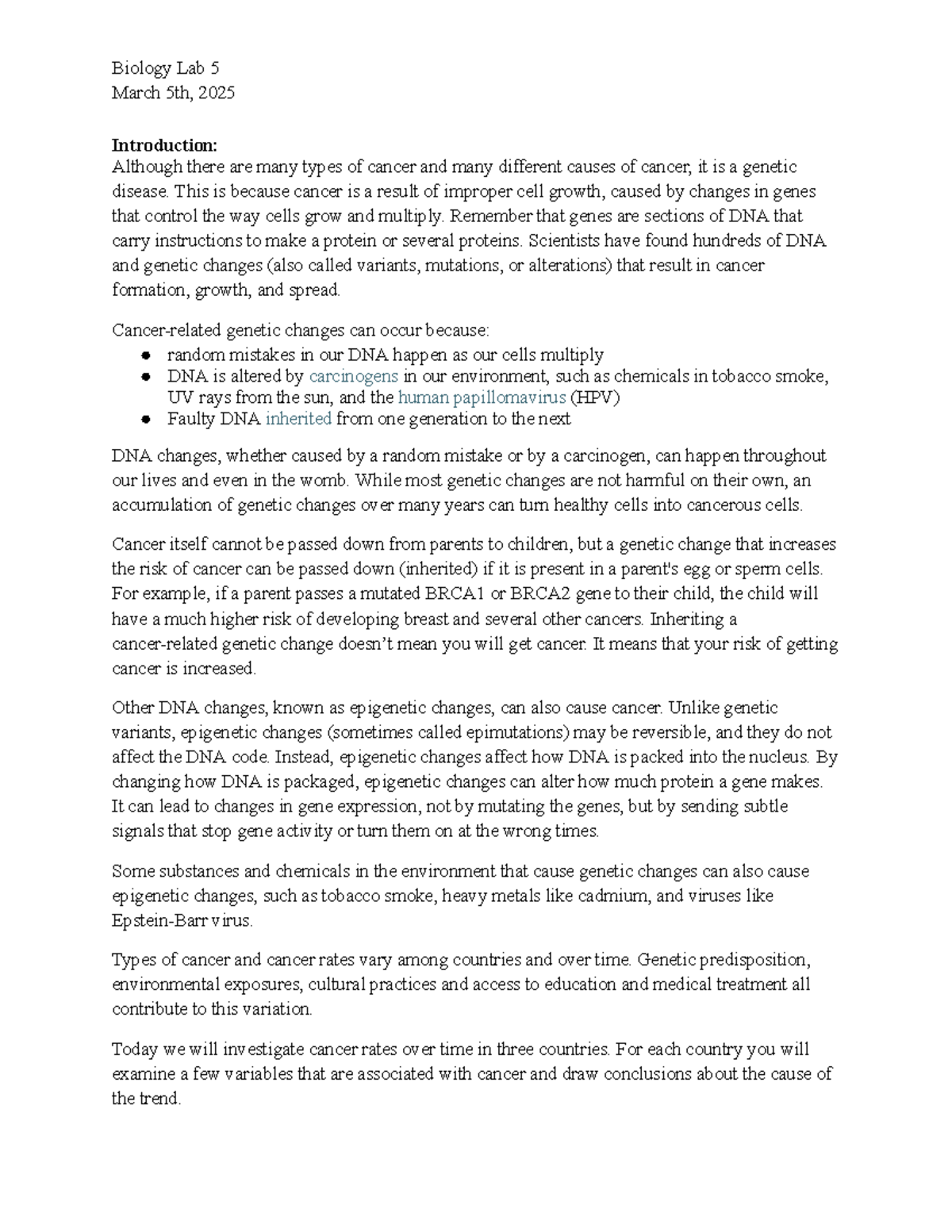 Biology Lab 5 - Case Studies in Cancer Genetics and Epidemiology - Studocu