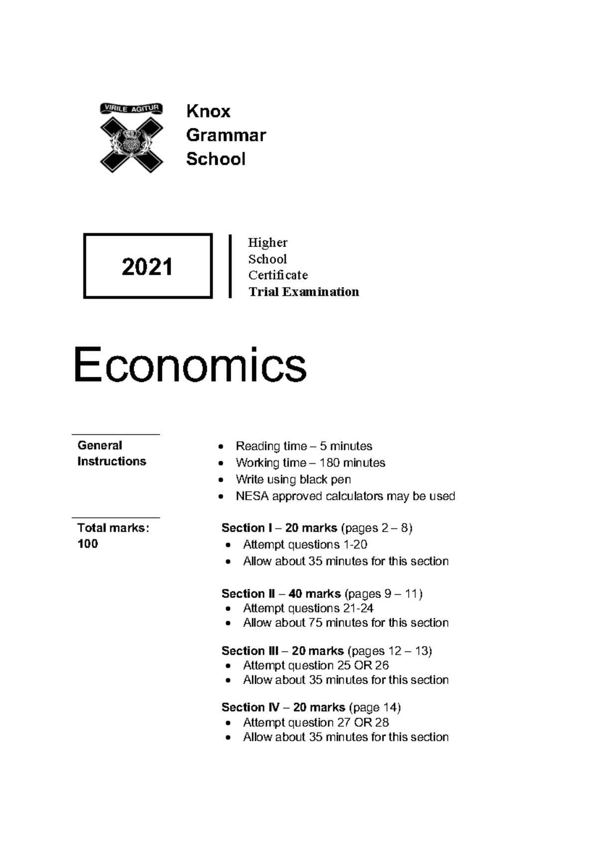 Knox Grammar School 2021 HSC Trial Exam Economics Solutions - Studocu