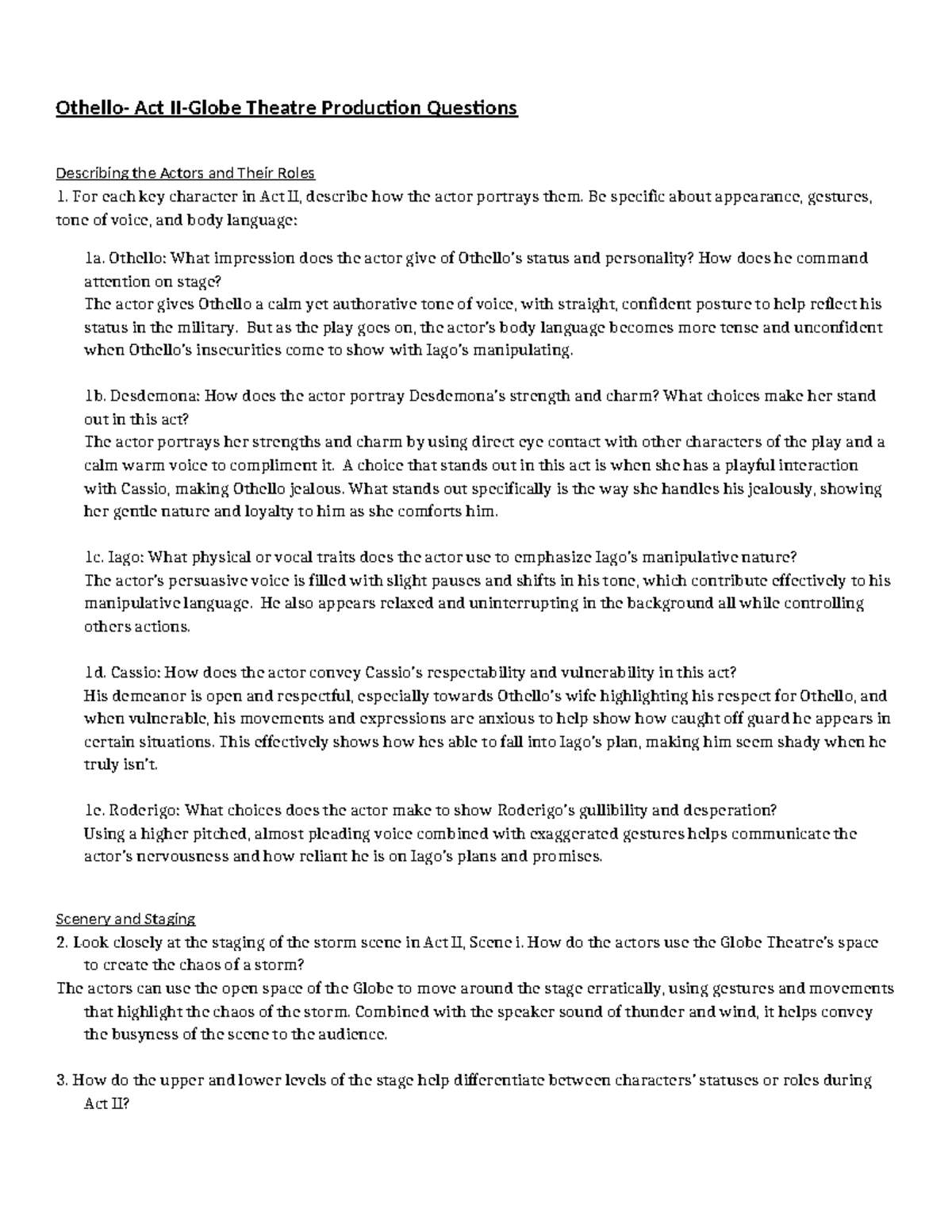 Othello Act II - Globe Theatre Production Insights & Analysis - Studocu
