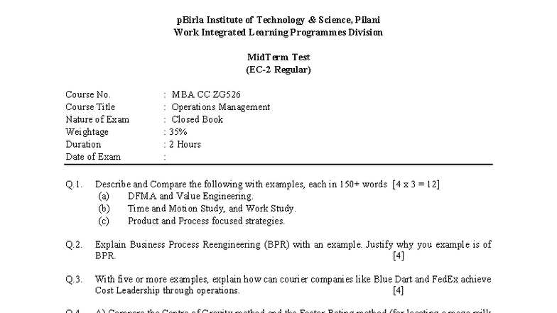 MBA CC ZG526 - Operations Management Midterm Test Notes - Studocu