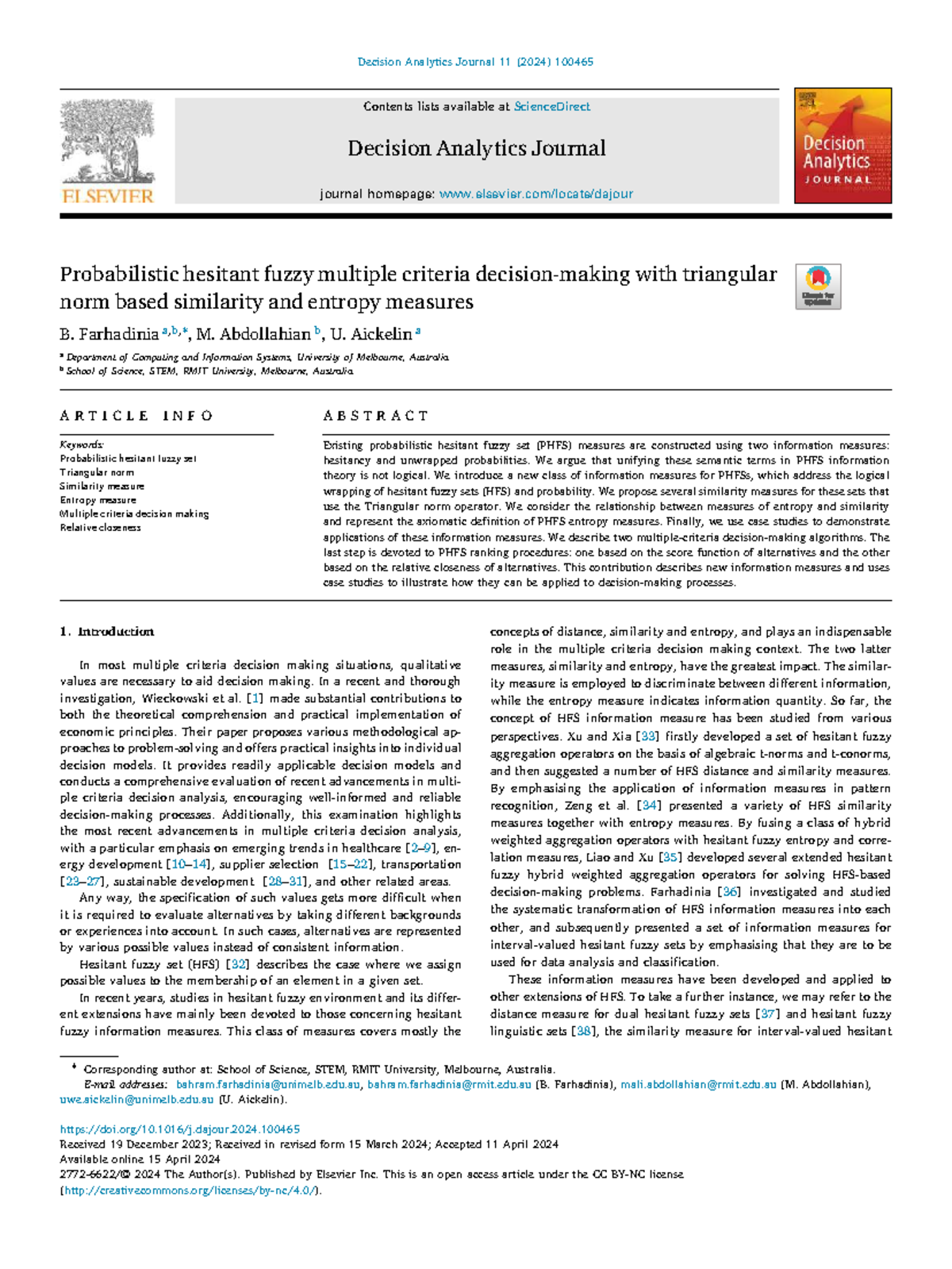Probabilistic Hesitant Fuzzy Multiple Criteria Decision-Making (2024 ...