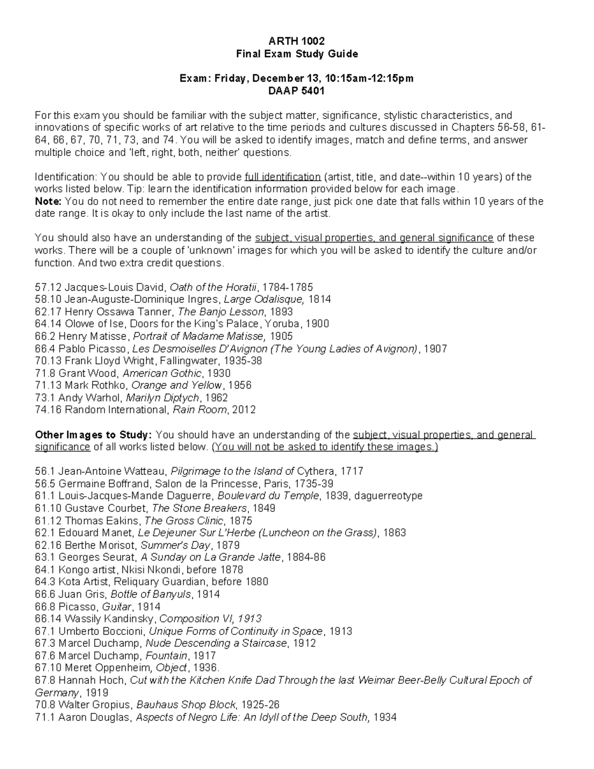 1002 Study Guide for Final Exam (56-58,61-64,66,67,70,71,73,74) - ARTH ...
