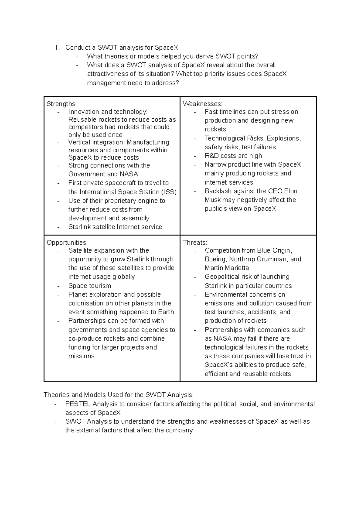 SWOT Analysis of SpaceX: Insights and Theoretical Frameworks (MKC3110 ...