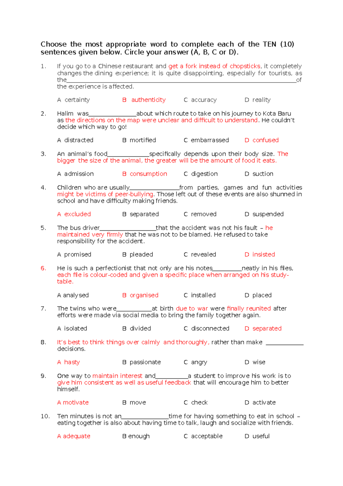 Contextual Clues for Word Meanings: Fill in the Blanks Exercise - Studocu