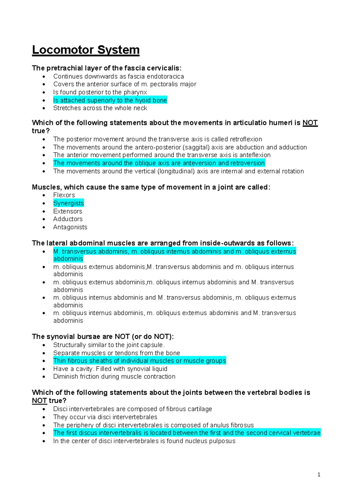 Locomotor System - Questions for Anatomy Exam (Course Code: ANAT101 ...