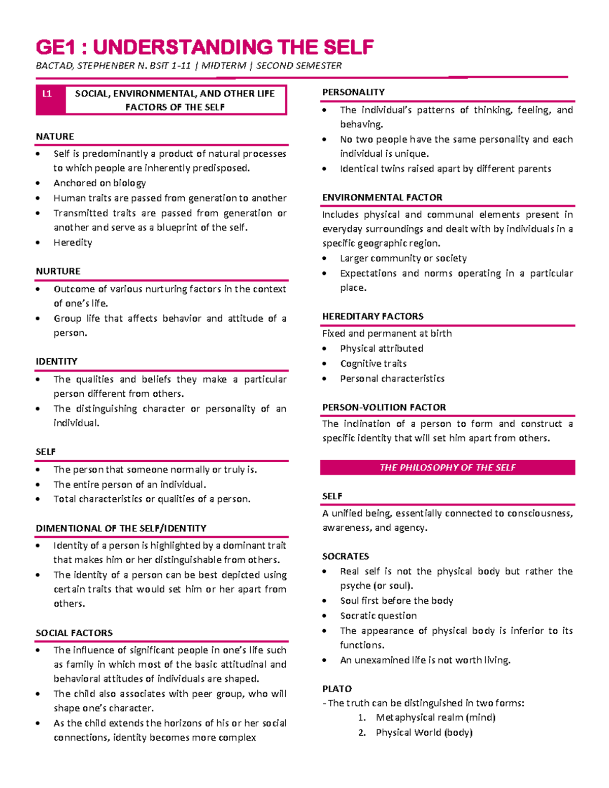 GE1: BSIT MIDTERM NOTES ON UNDERSTANDING THE SELF - Studocu
