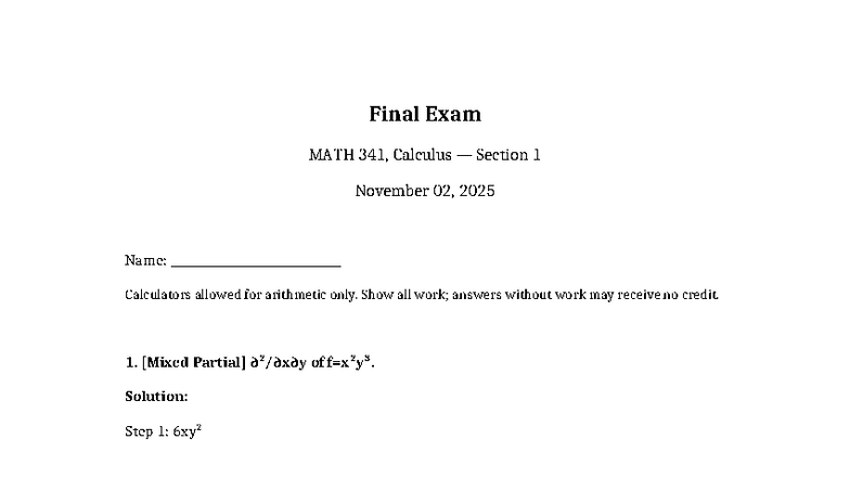 Final Exam Solutions for MATH 341, Calculus Section 1 - Studocu