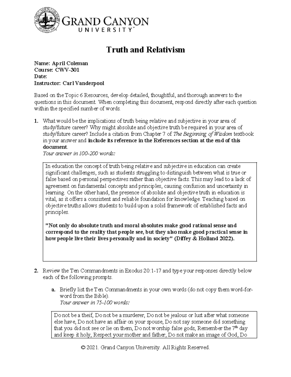 CWV Topic 6: Truth, Relativism, and the Ten Commandments - Studocu