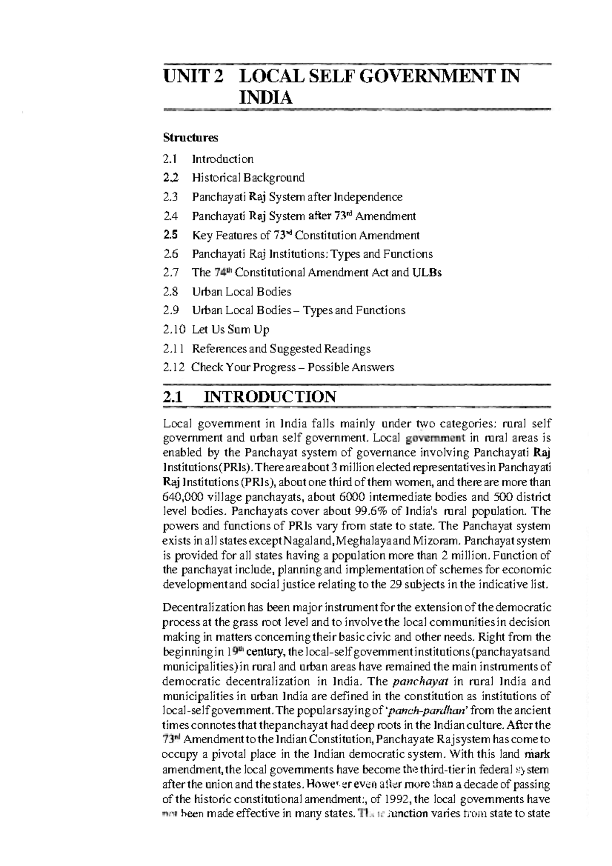 Unit-2 - unit 2 - UNIT 2 LOCAL SELF GOVERNMENT IN INDIA Structures 2 ...