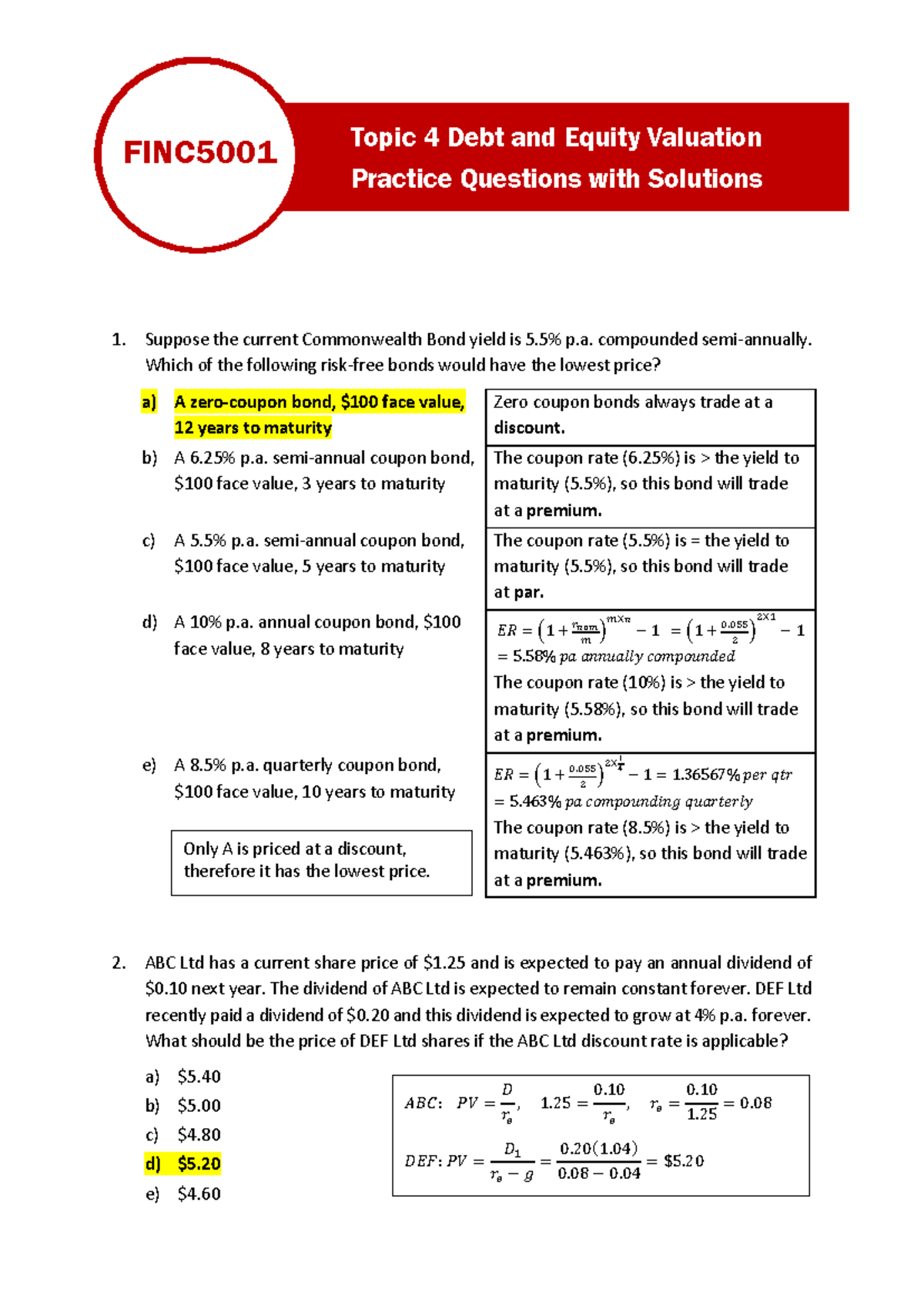 Topic 4: Debt and Equity Valuation - Practice Questions & Solutions ...