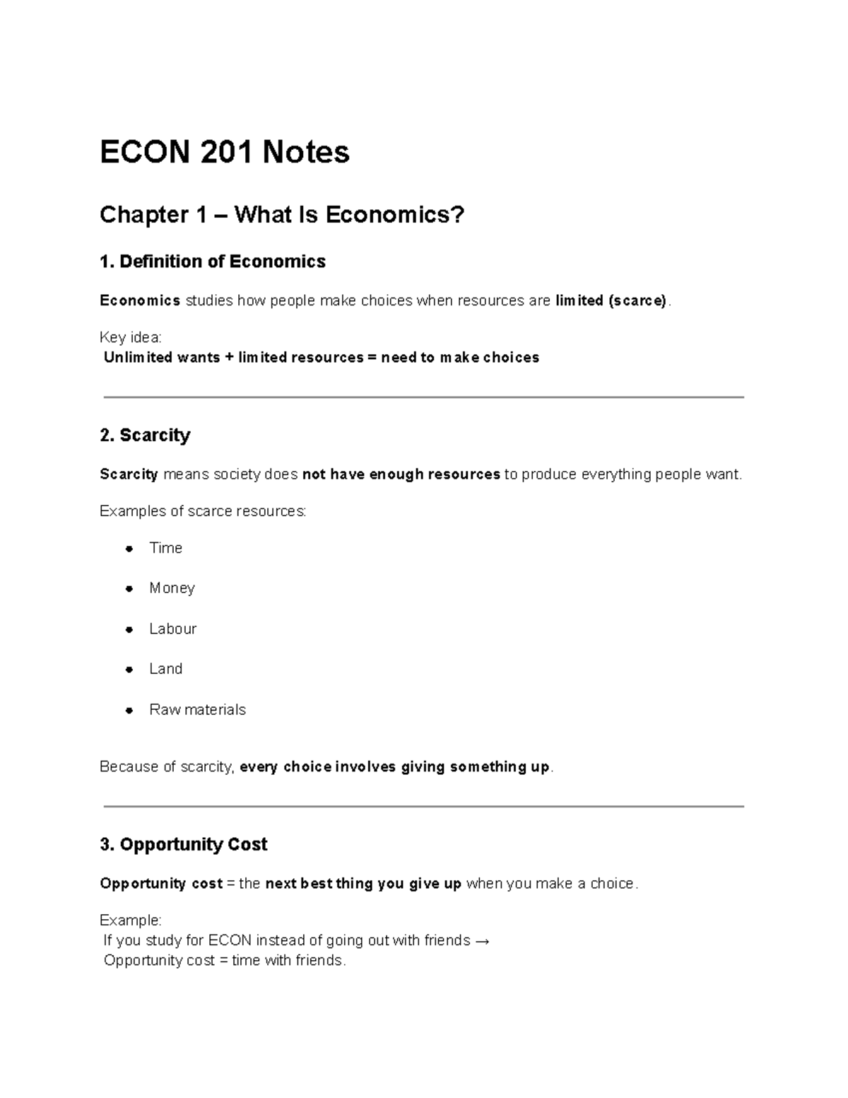 ECON 201 Notes: Chapter 1 - Introduction to Economics Concepts - Studocu
