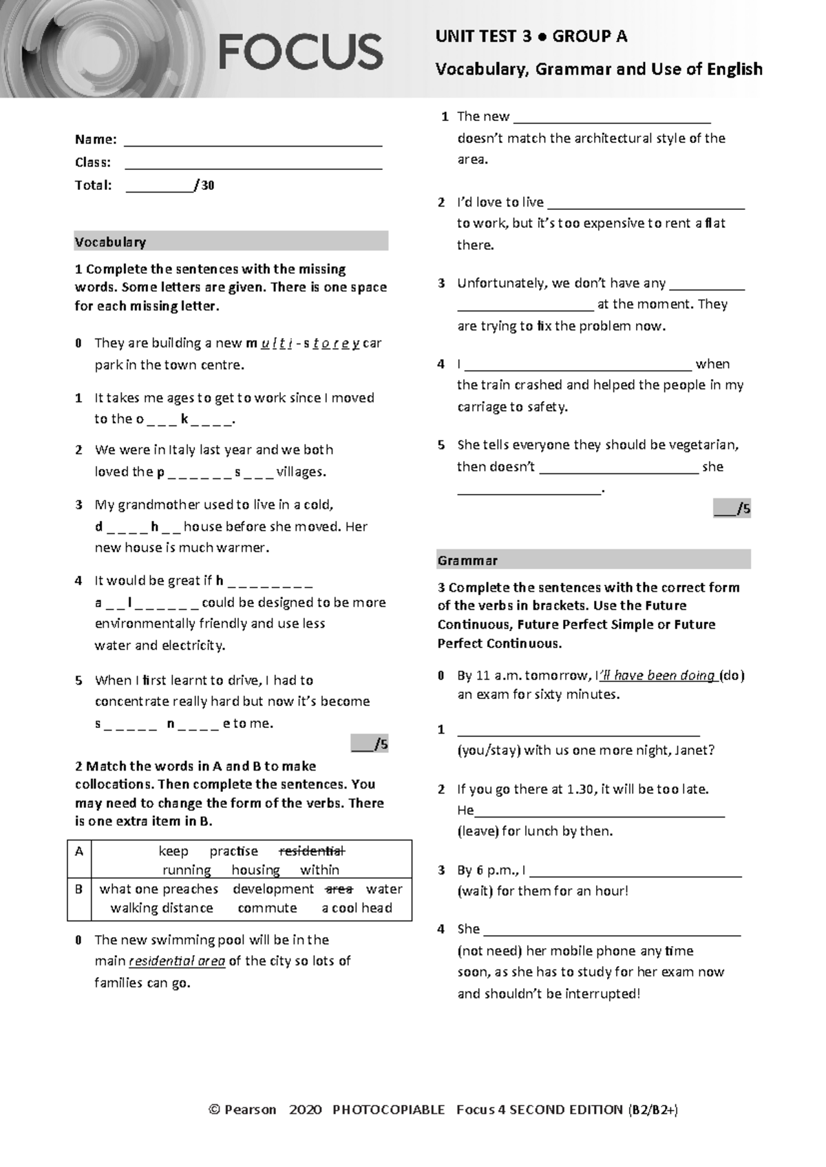 Focus 4 2E Unit Test 3 Vocabulary and Grammar - Group A - Studocu