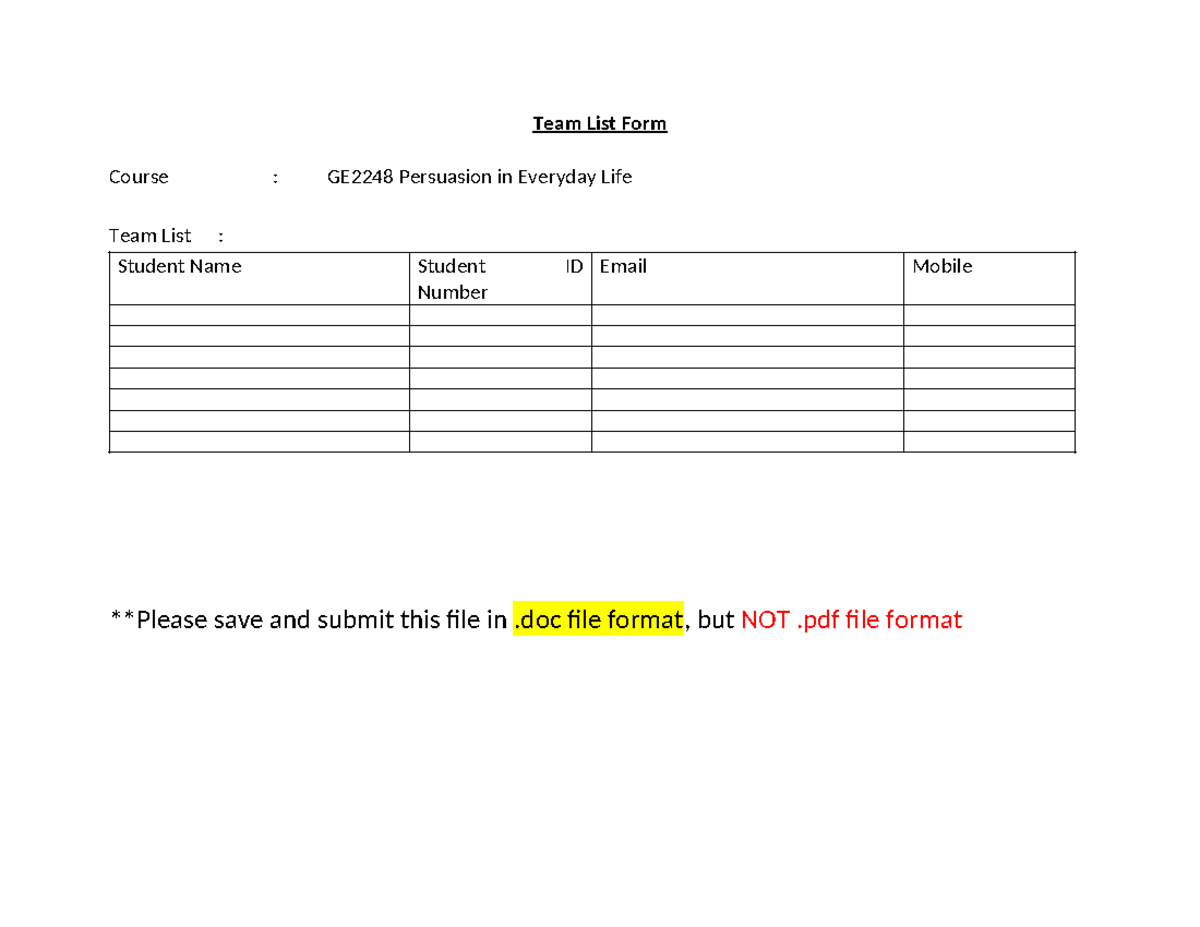 Team List Form