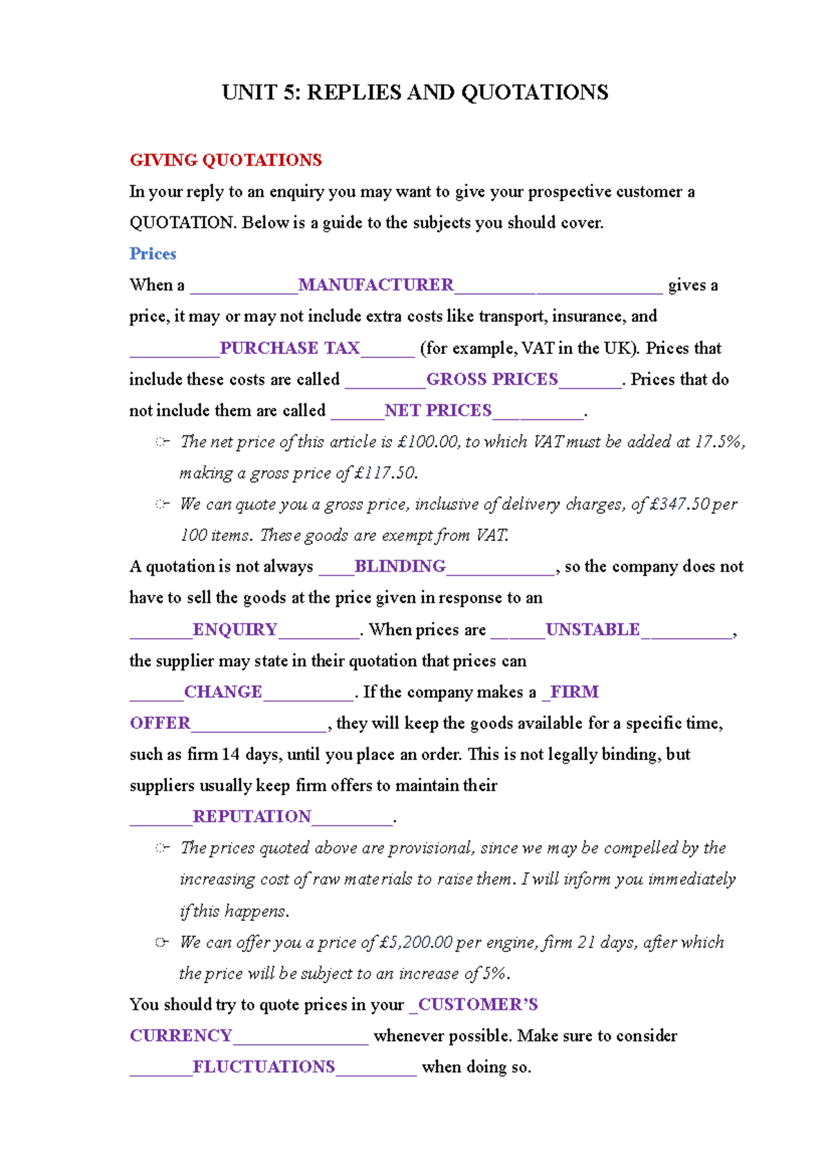 UNIT 5: QUOTATIONS HANDOUT - Pricing, Terms, and Delivery - Studocu