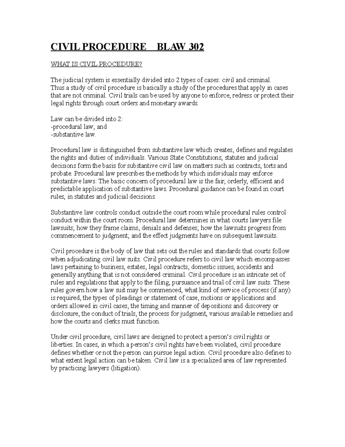 Civil Procedure Overview and Jurisdiction Insights - BLAW 302 - Studocu