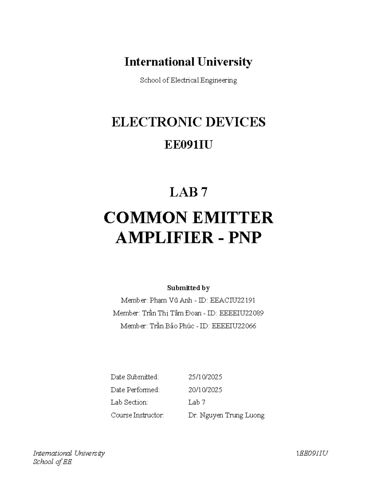 Lab 7 Report: Common Emitter Amplifier Analysis - EE091IU - Studocu