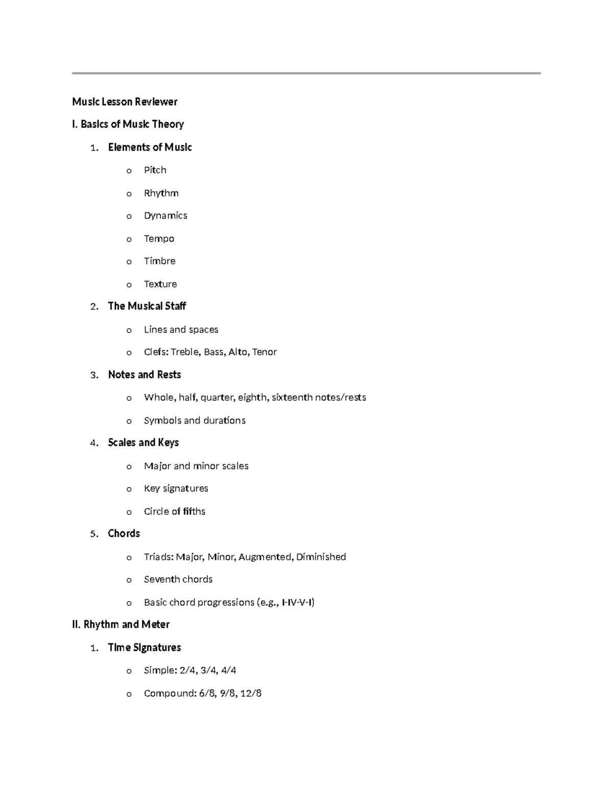 Music Lesson Reviewer - Basics of Music Theory 1. Elements of Music o ...