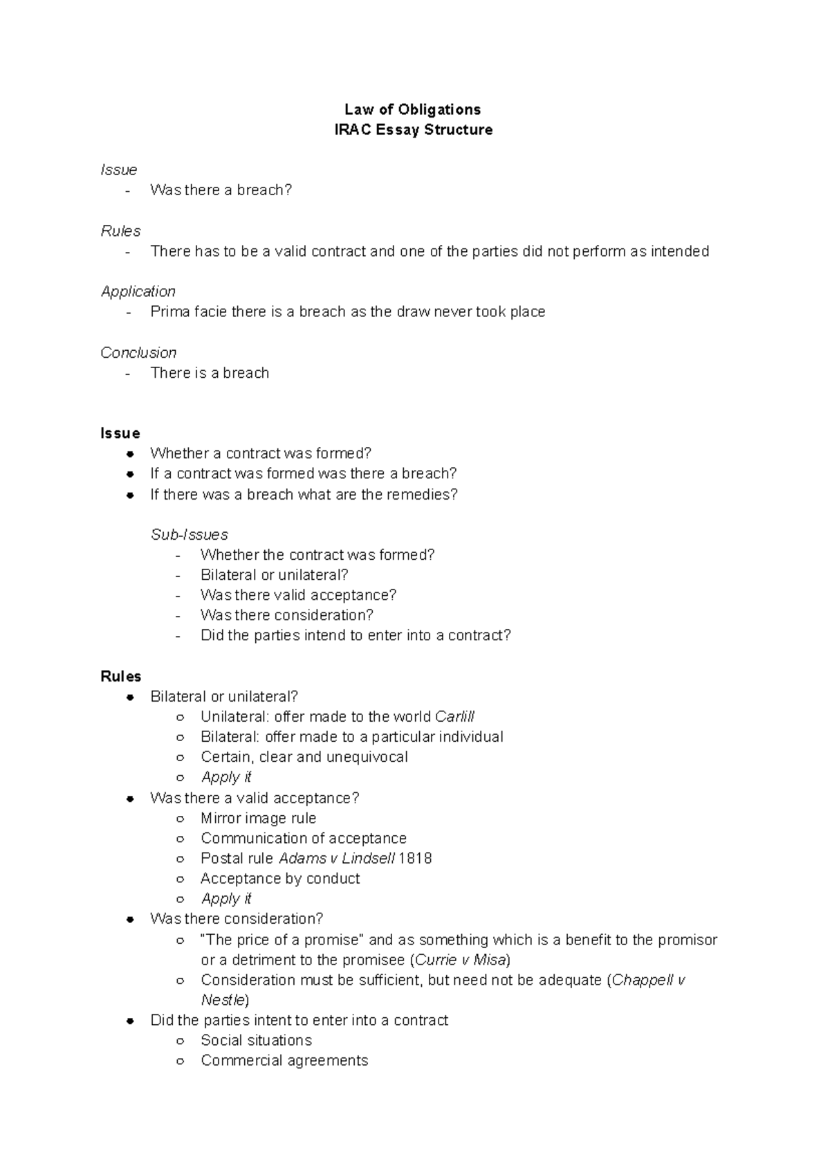 IRAC Essay Structure - Law of Obligations Lecture Notes 1 - Studocu
