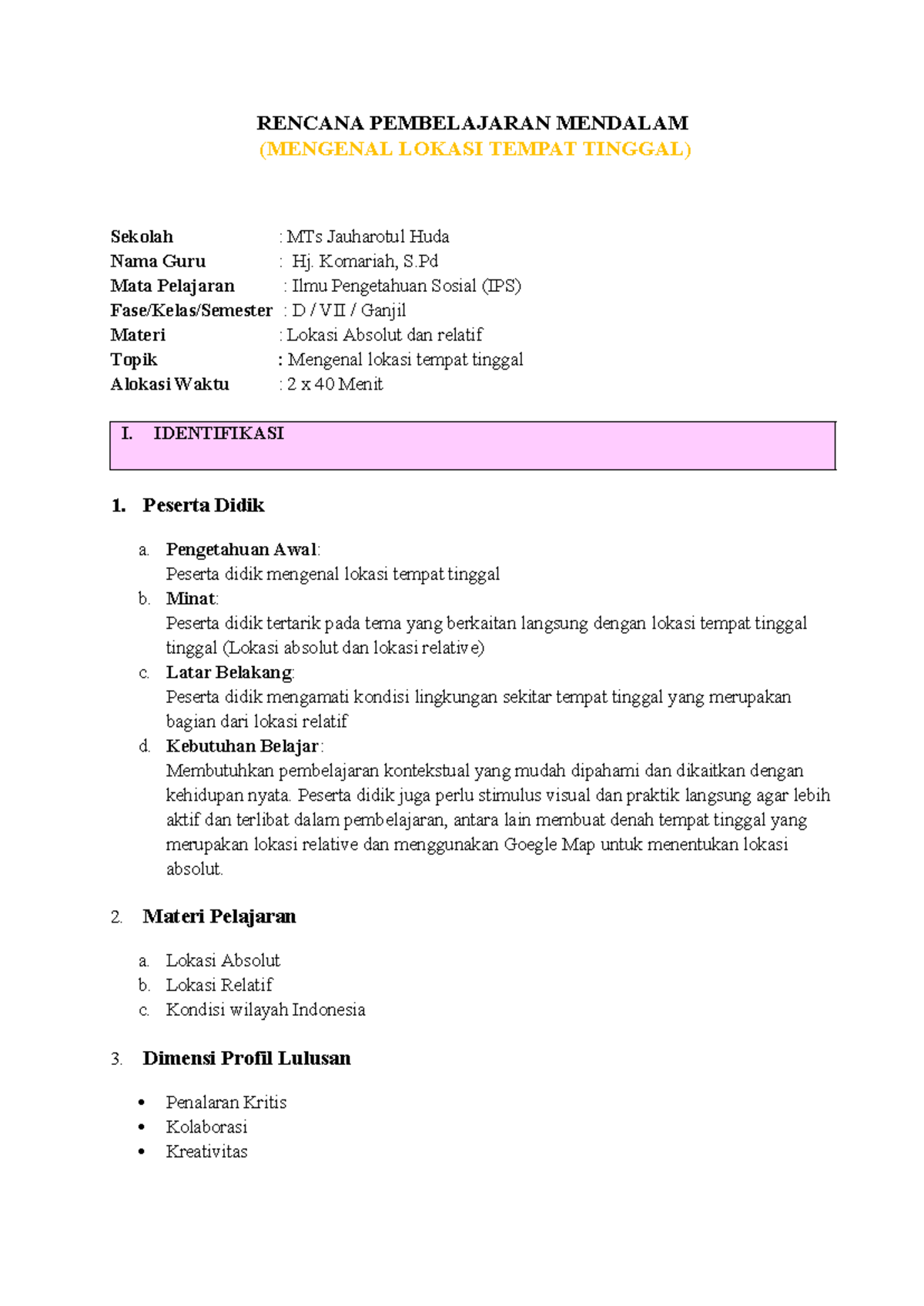 RPP IPS VII Ganjil: Mengenal Lokasi Tempat Tinggal dan Geografi Indonesia - Document Preview
