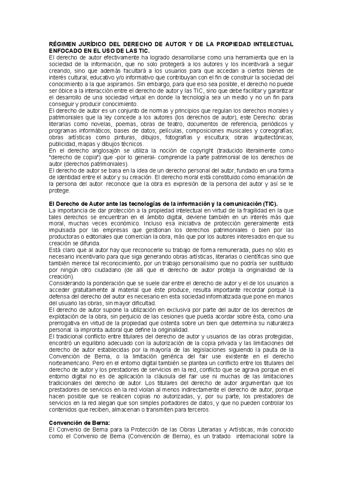 Regimen Juridico del Derecho de Autor y Propiedad Intelectual TIC - Studocu