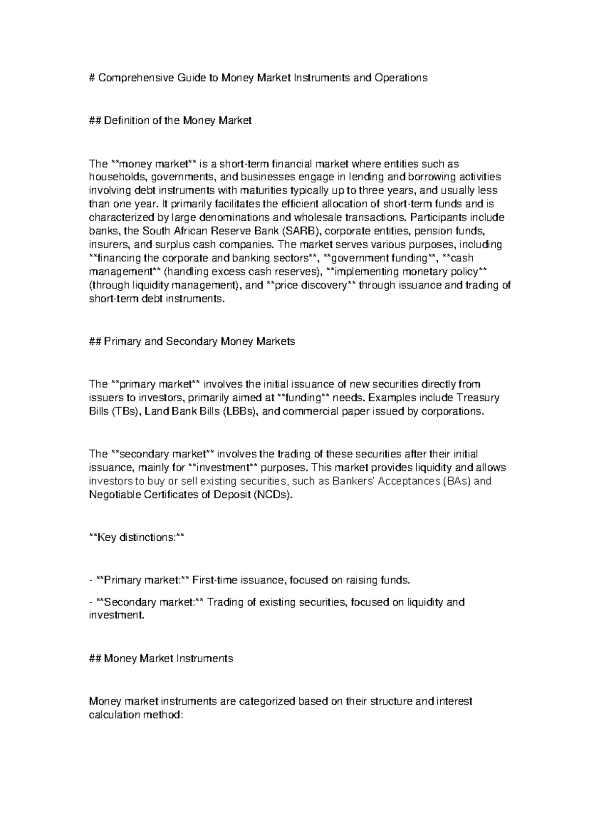 Money Market Instruments and Operations: A Comprehensive Overview - Studocu