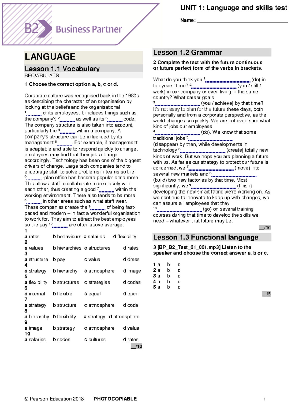 BP B2 Tests Unit1 - © Pearson Education 2018 PHOTOCOPIABLE 1 UNIT 1 ...