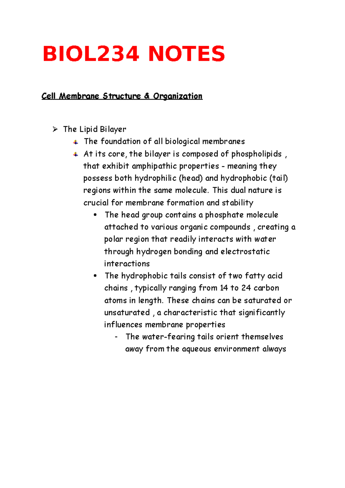 BIOL234 Final Exam Notes: Cell Membrane Structure & Function - Studocu
