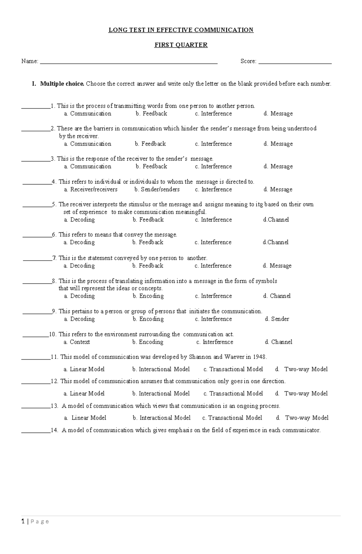 LONG TEST IN EFFECTIVE COMMUNICATION (1ST QTR) - Studocu