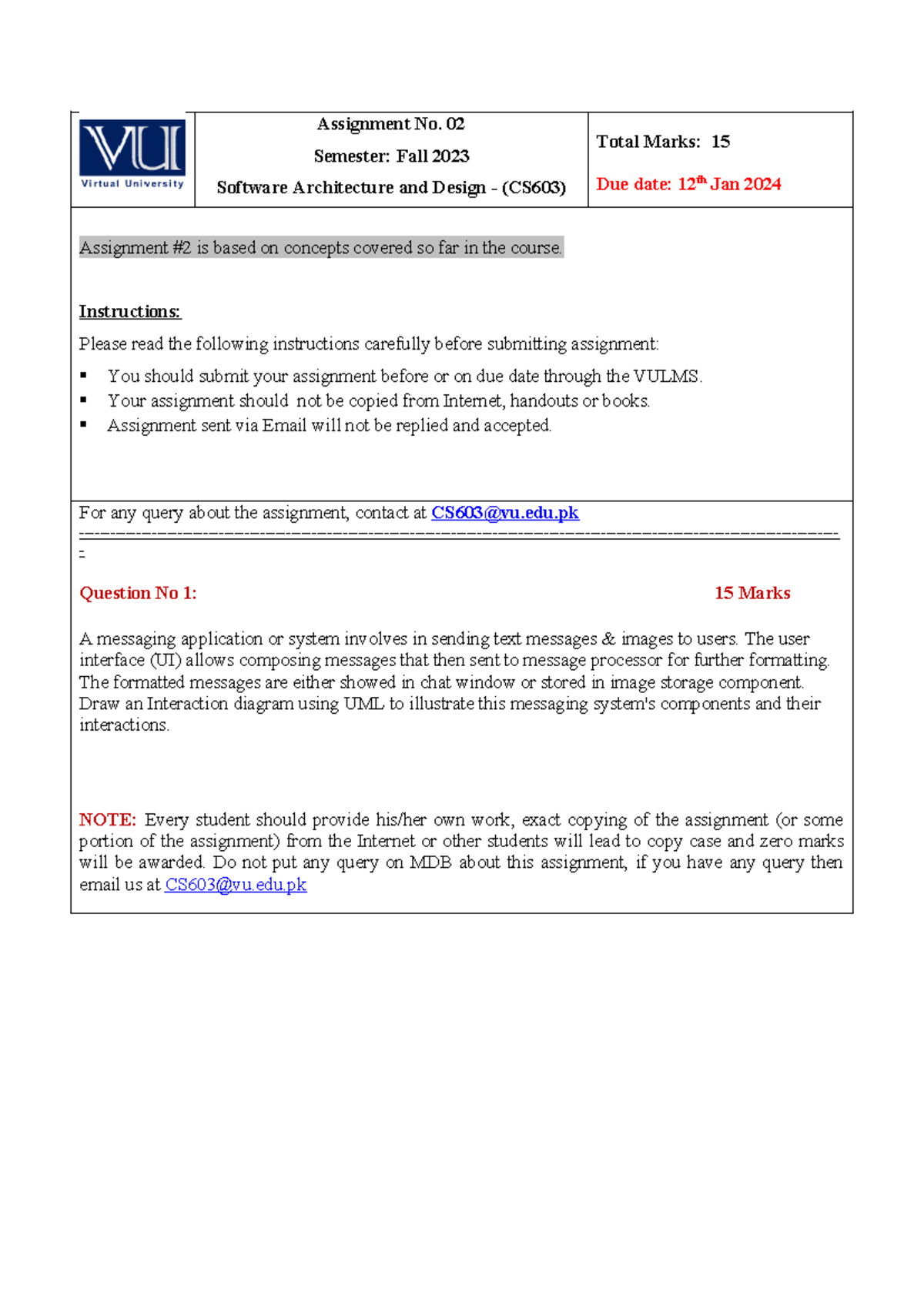 Fall 2023 CS603 2 - Assignment No. 02 Semester: Fall 2023 Software ...