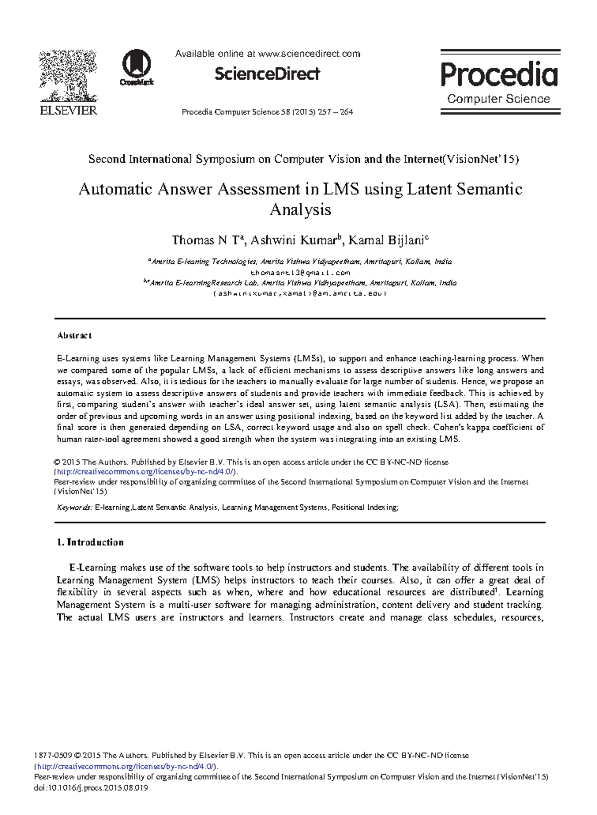 Automatic answer assessment in lms using latent semantic analysis ...