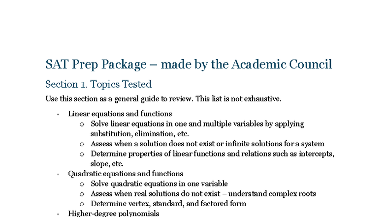 SAT Math Prep Package 2025: Key Topics and Practice Questions - Studocu