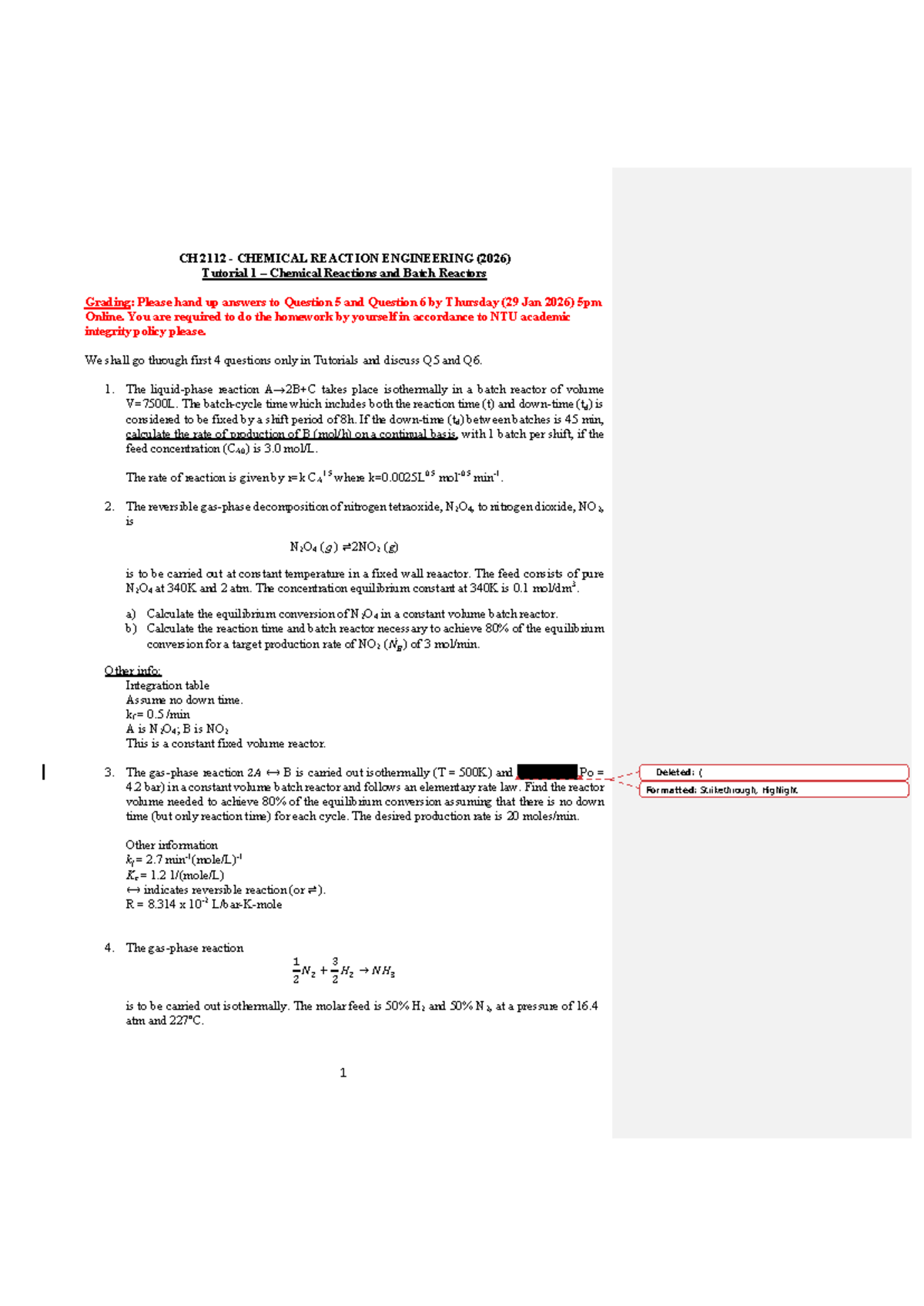 CH 2112 Chemical Reaction Engineering Tutorial 1: Batch Reactors ...