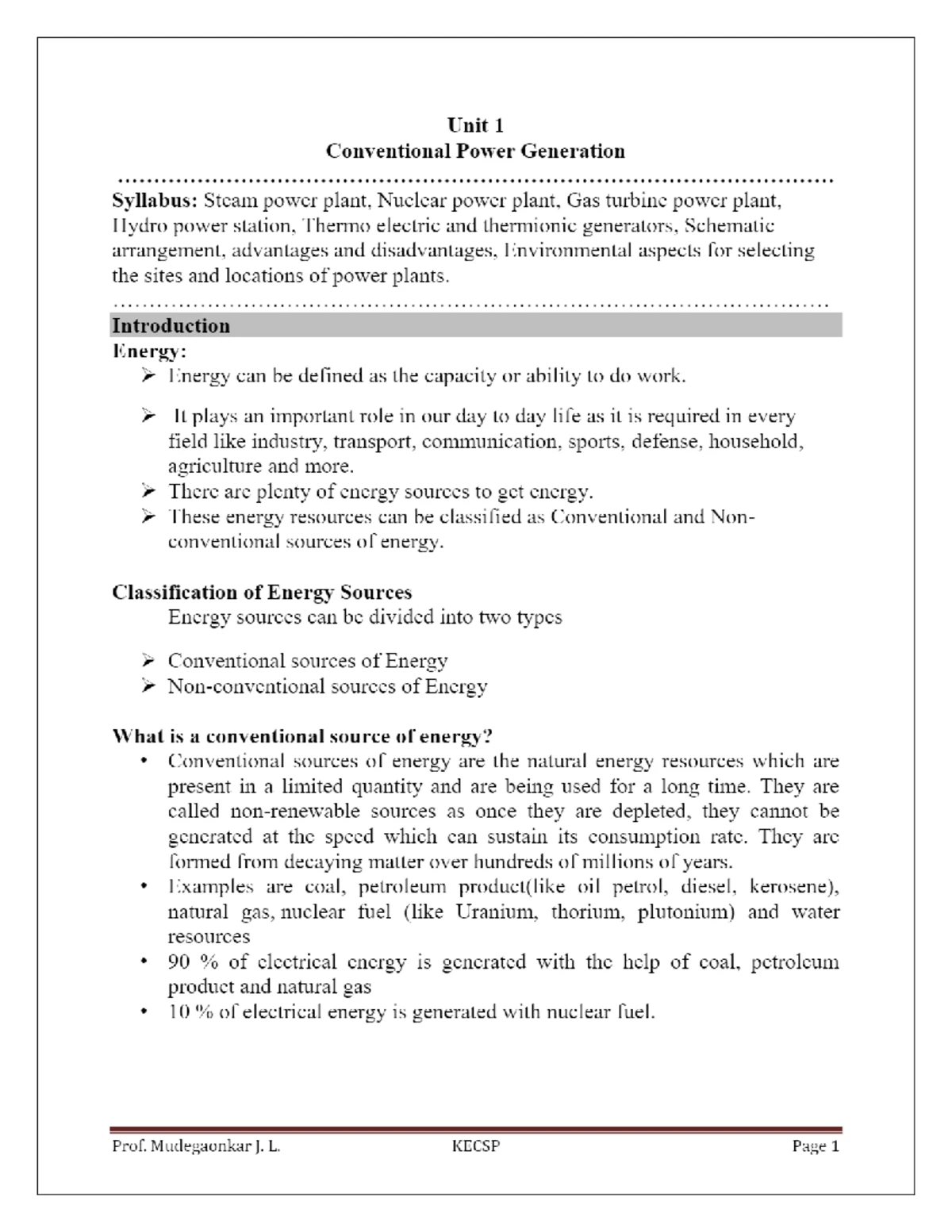 EEE KECSP Unit 2: Non-Conventional & Renewable Power Generation Notes ...