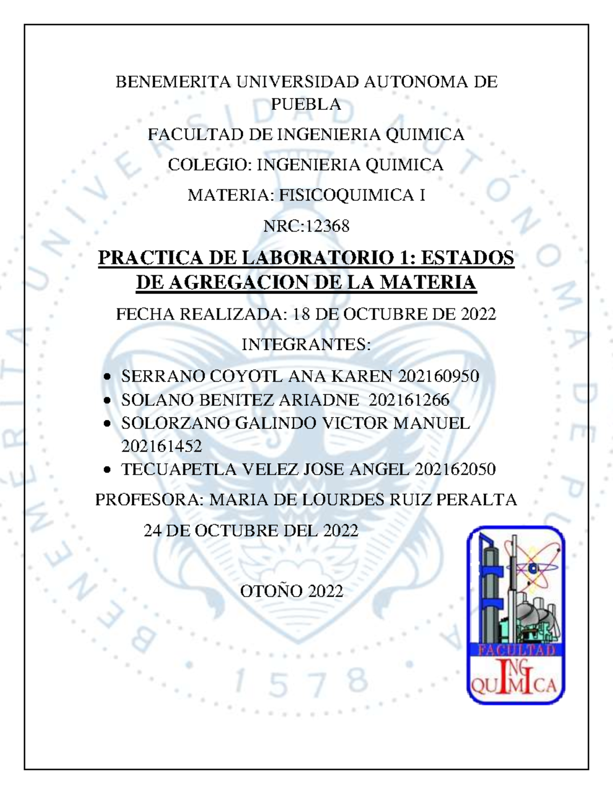 Práctica 1: Estados de Agregación de la Materia en Fisicoquímica I (NRC) - Document Preview